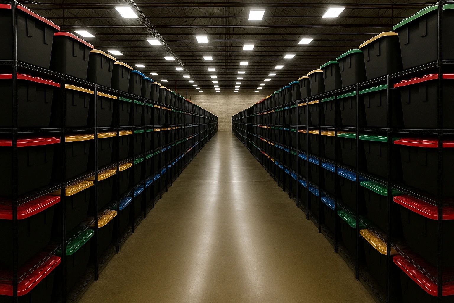 Urban Attic Storage warehouse with colorful storage bins